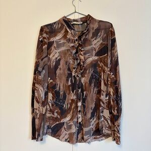 Brown and Black Abstract Print Ruffle Blouse